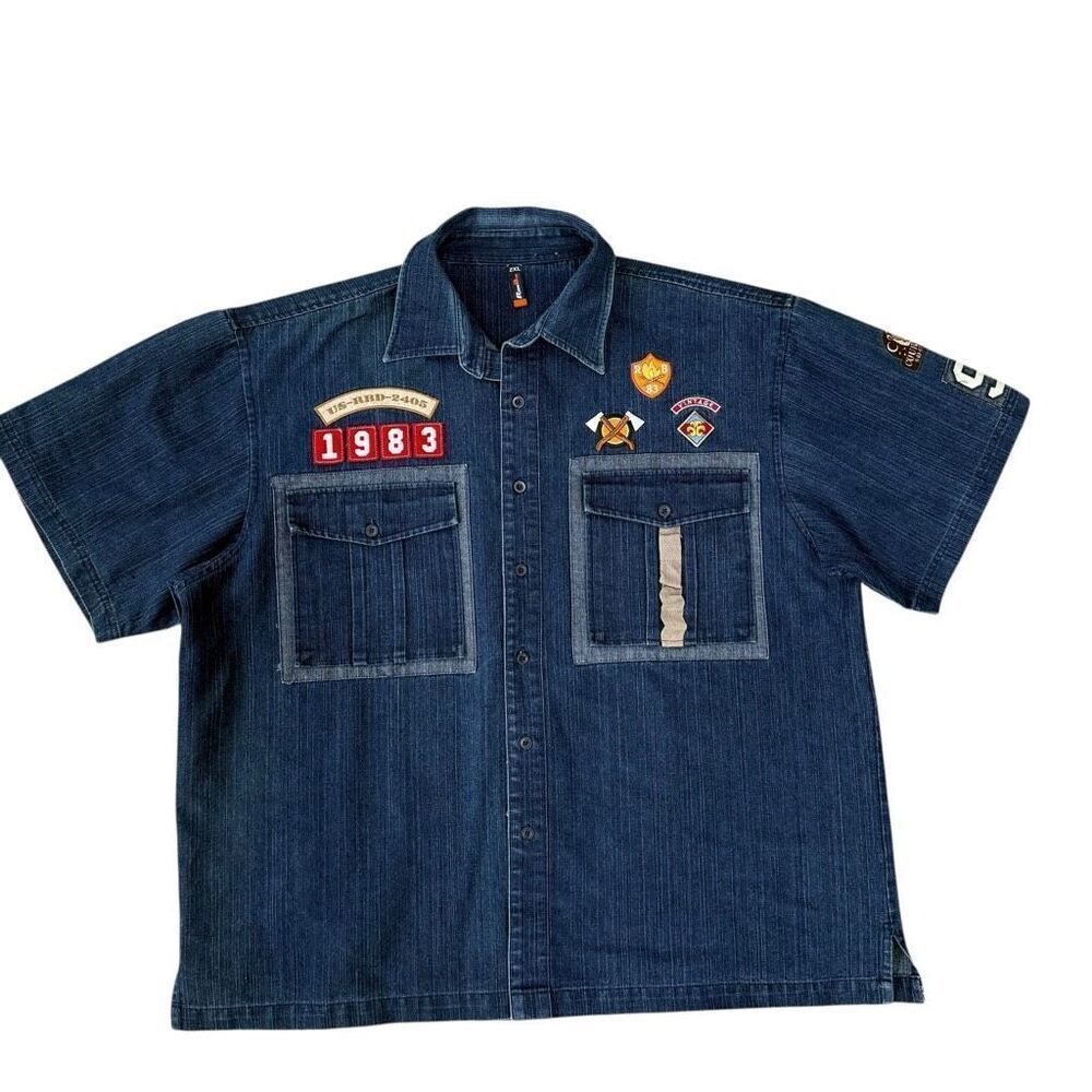 Raw Blue vintage denim short-sleeve button-up shirt with patches Y2K Size 2XL